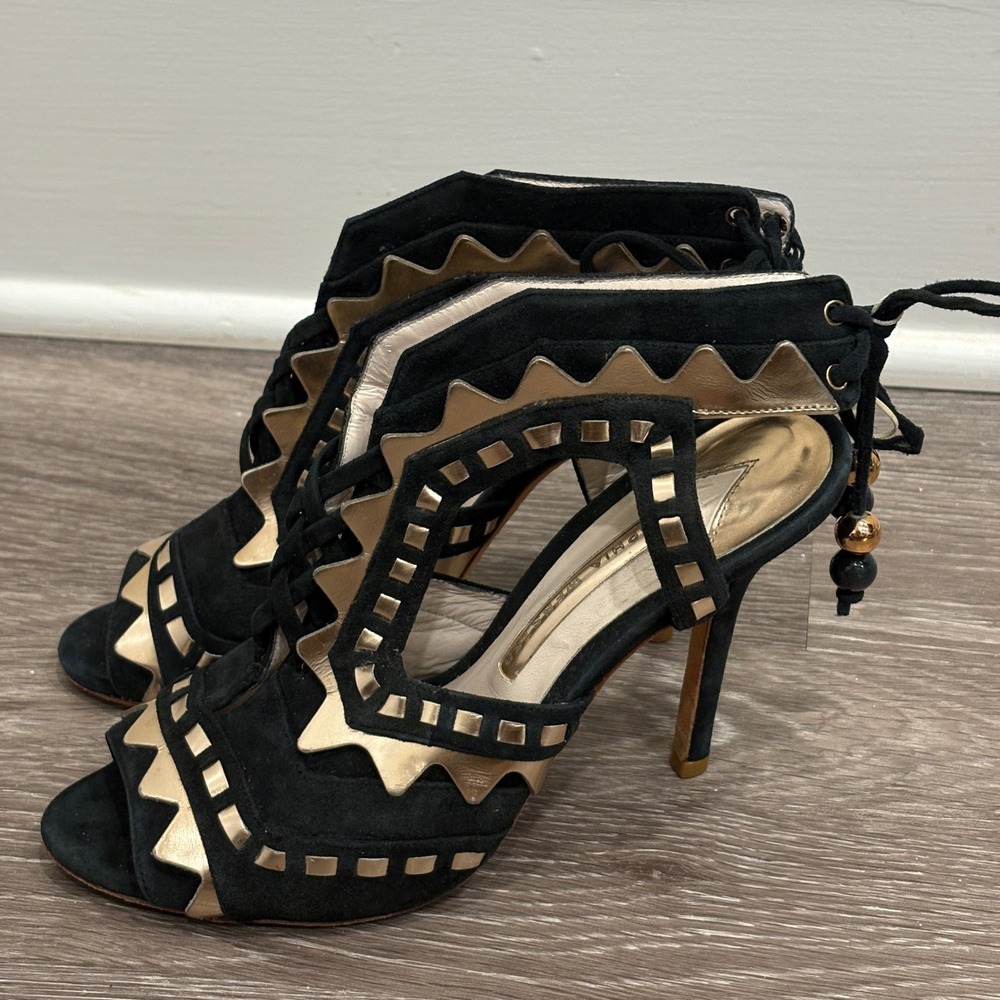 Sophia Webster Riko Black Suede Rose Gold Geometric Peep Toe Stiletto Heels 8